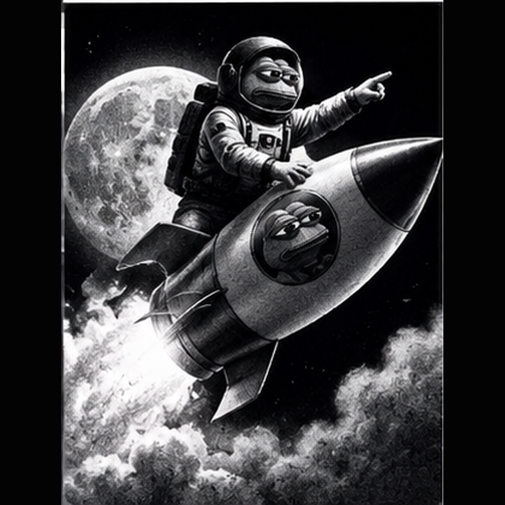Pepe flying through space on a rocket