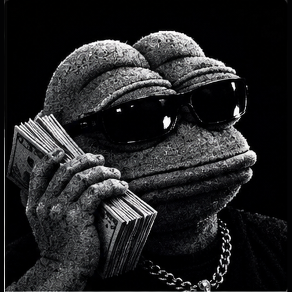 Pepe in sunglasses holding a stack of money