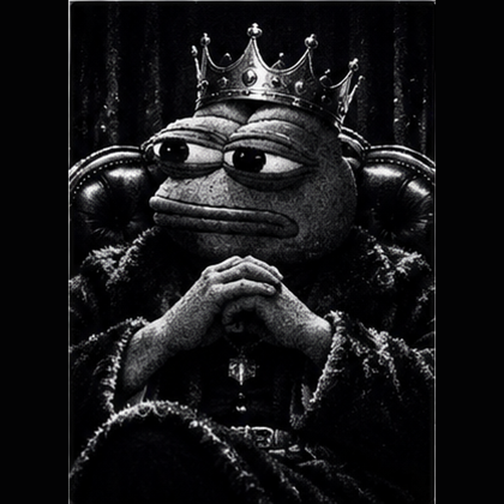 Pepe with a crown sitting like a boss