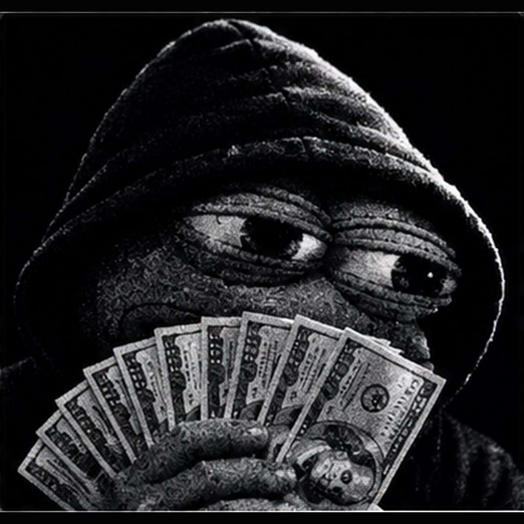 Pepe in a hood holding a fan of dollar bills